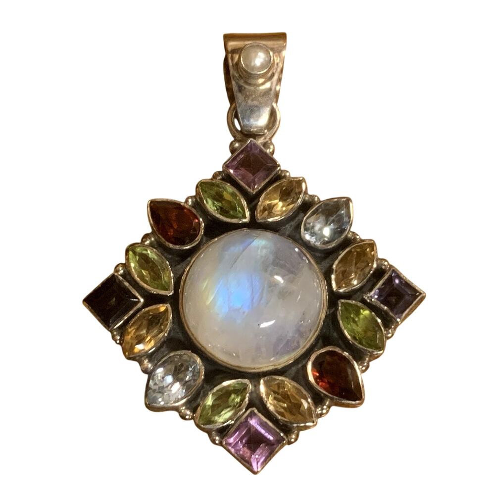 Sterling Silver, Moonstone and Multi Color Gemstone Pendant Vintage